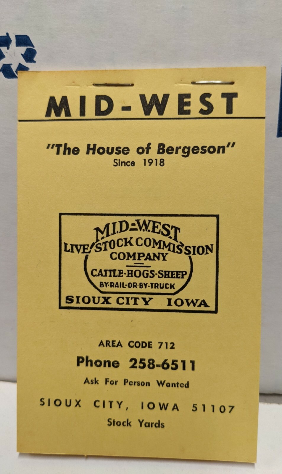 1966-1967 MidWest Livestock Comm House Of Bergeson Pocket Notebook Sioux City IA