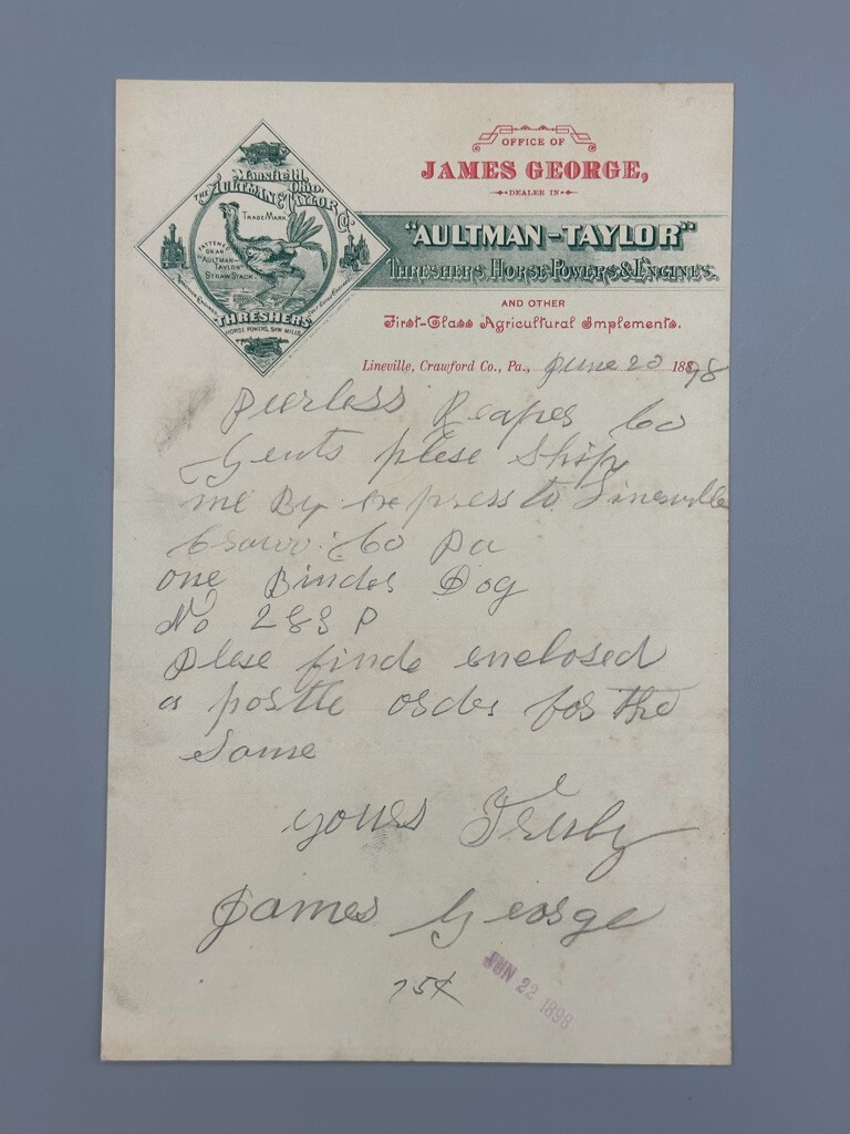 1898 AULTMAN TAYLOR THRESHER Antique FARM Advertise Letter LINEVILLE PA Crawford