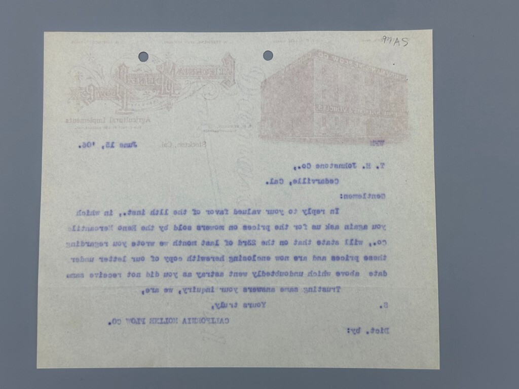 1906 CALIFORNIA MOLINE PLOW Co FARM Advertising Letter STOCKTON Antique