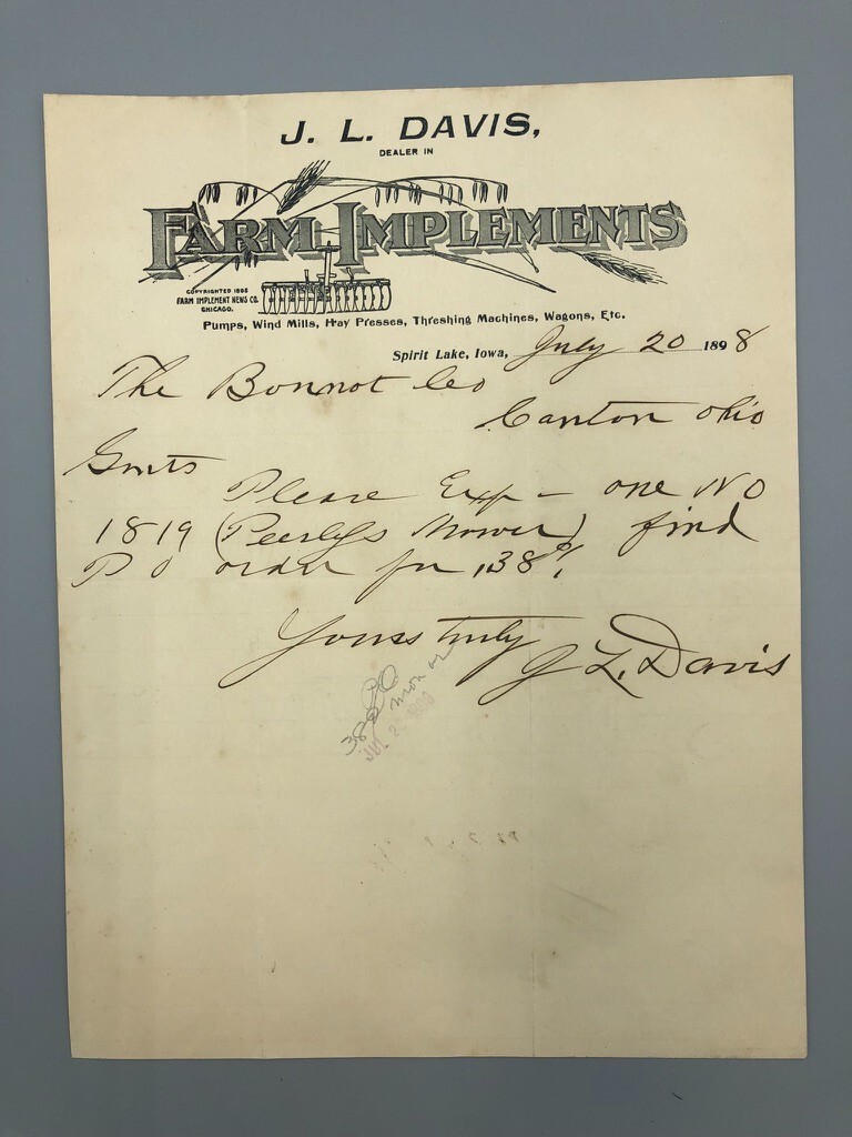 1898 Davis THRESHING Machines SPIRIT LAKE IOWA Antique FARM Letter Advertising