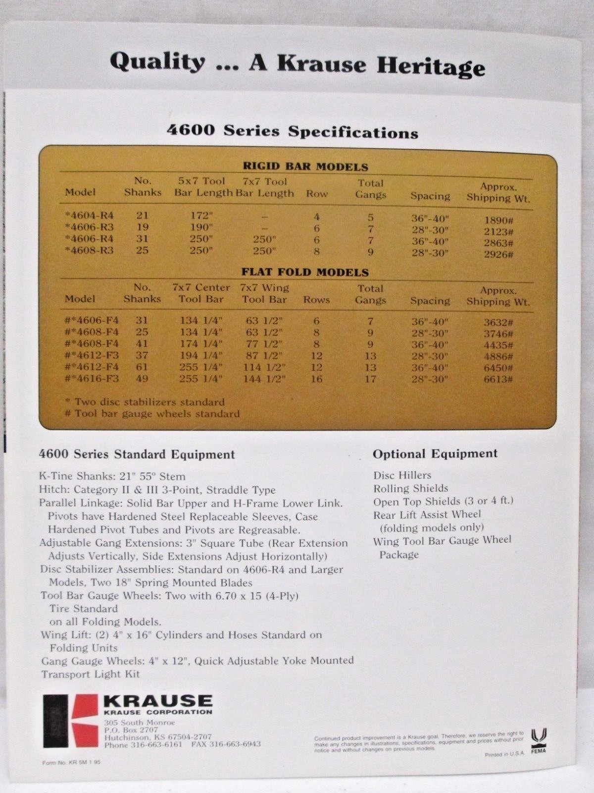 Krause Row Crop Cultivators 4600 Series Rigid Models 4 6 & 8 Row Flat Brochure