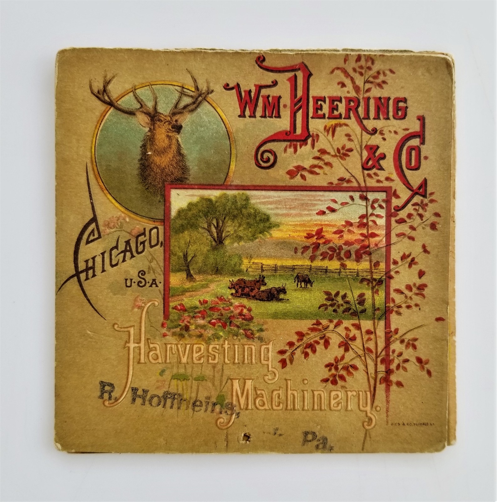 1880s antique DEERING REAPER cardstock folding ADVERTISEMENT chicago il ihc farm