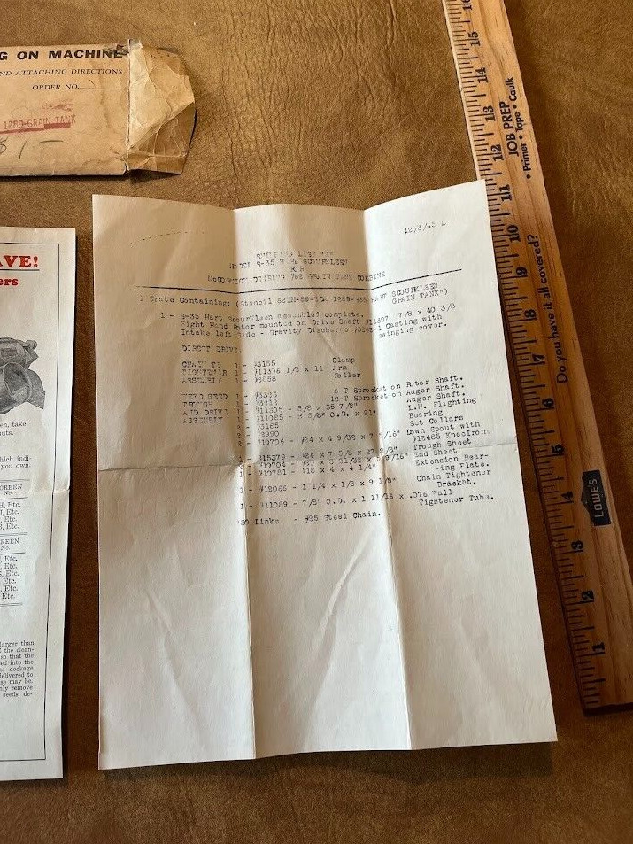 Hart Scourkleen Model 1289 Grain Tank Packing List Attaching Directions Tag 1945