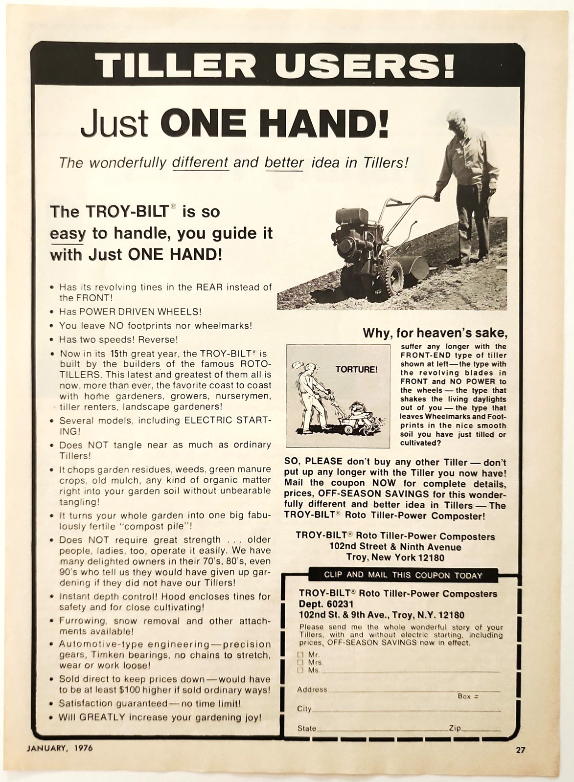 1976 Troy-Bilt Rototiller Advertisement Vintage Agricultural Machinery New York
