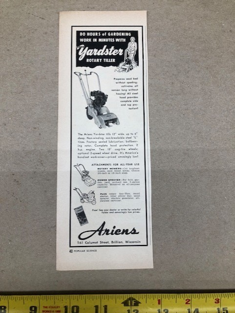1954 Ariens « Yardster » Rotary Garden Tiller « Do Hours of Gardening »–vintage ad