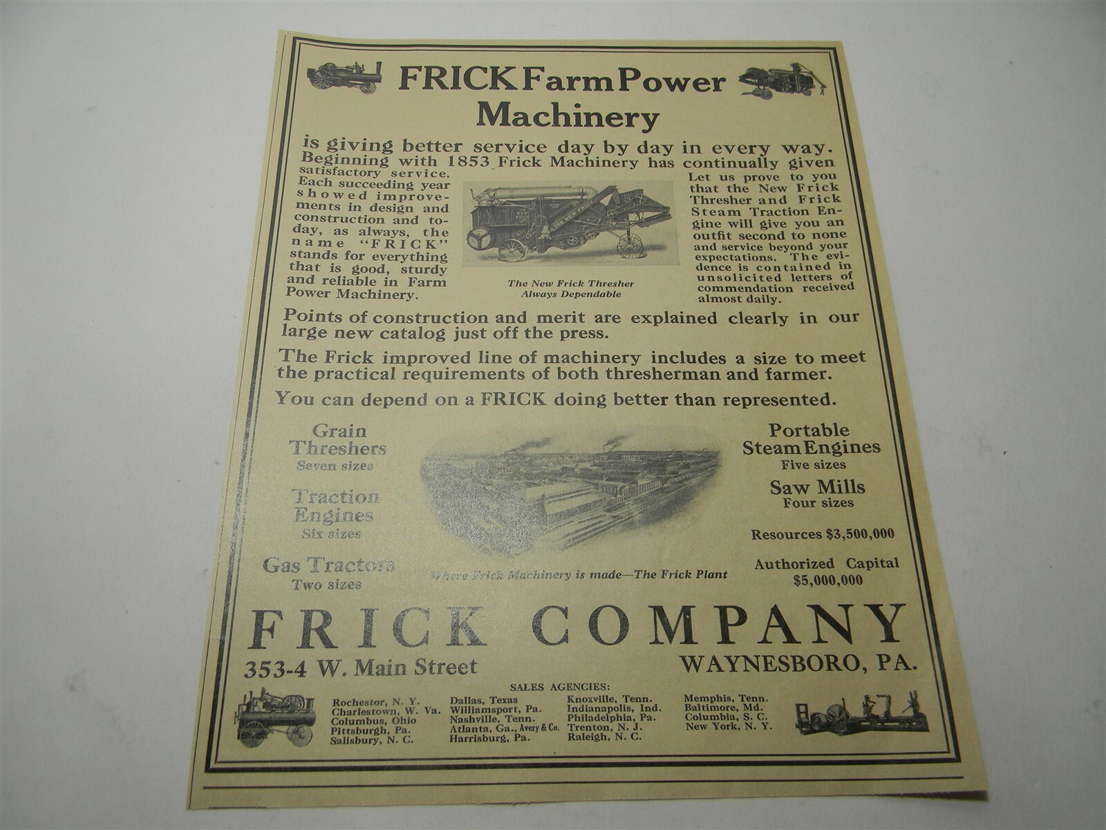 Vintage 1920s Frick Thresher Waynsboro Pa. Man Cave Farming Print Ad – 8O2