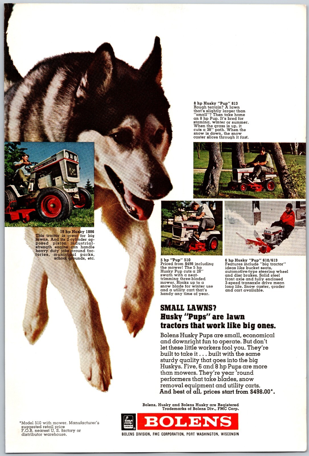 1971 Bolens Huskey Pup Lawn Tractors That Work Like Big Ones Print Ad
