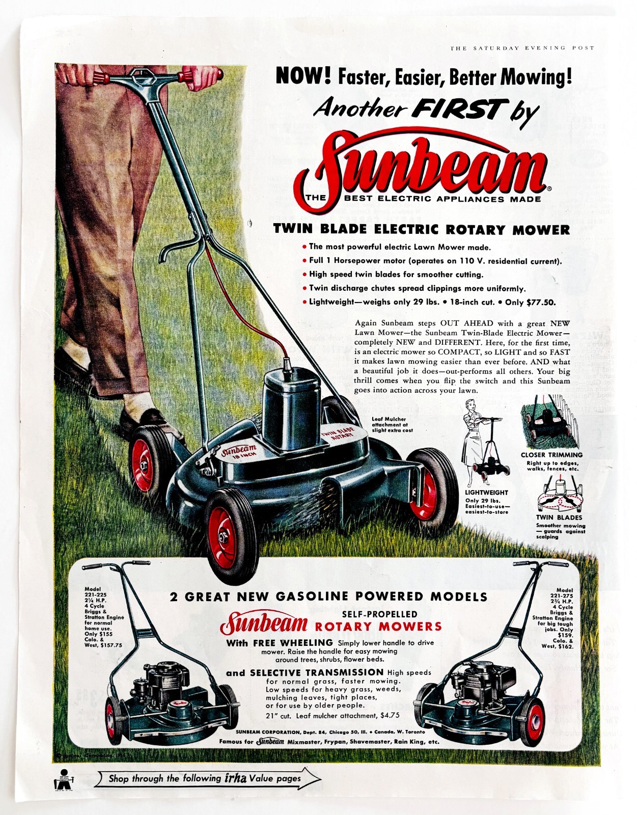 1956 Sunbeam Rotary Lawn Mower Advertisement Lawn Care Agriculture DWWW13