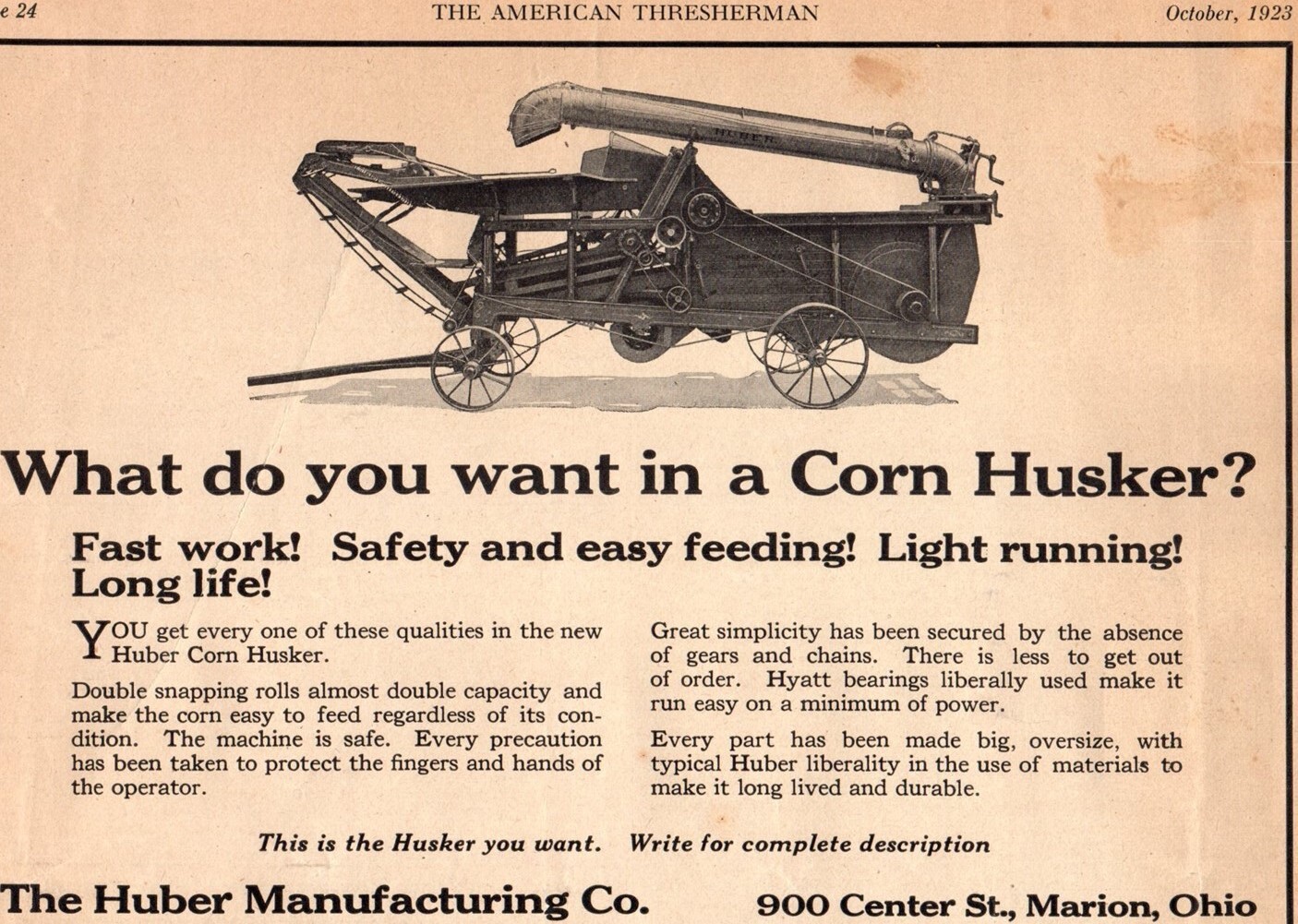 1923 Huber Corn Husker , Marion Ohio Print Ad – 8N