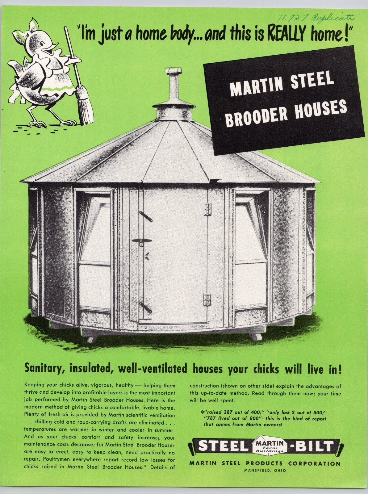 1950s Martin Steel Brooder Houses Martin Steel Products Mansfield OH Flyer