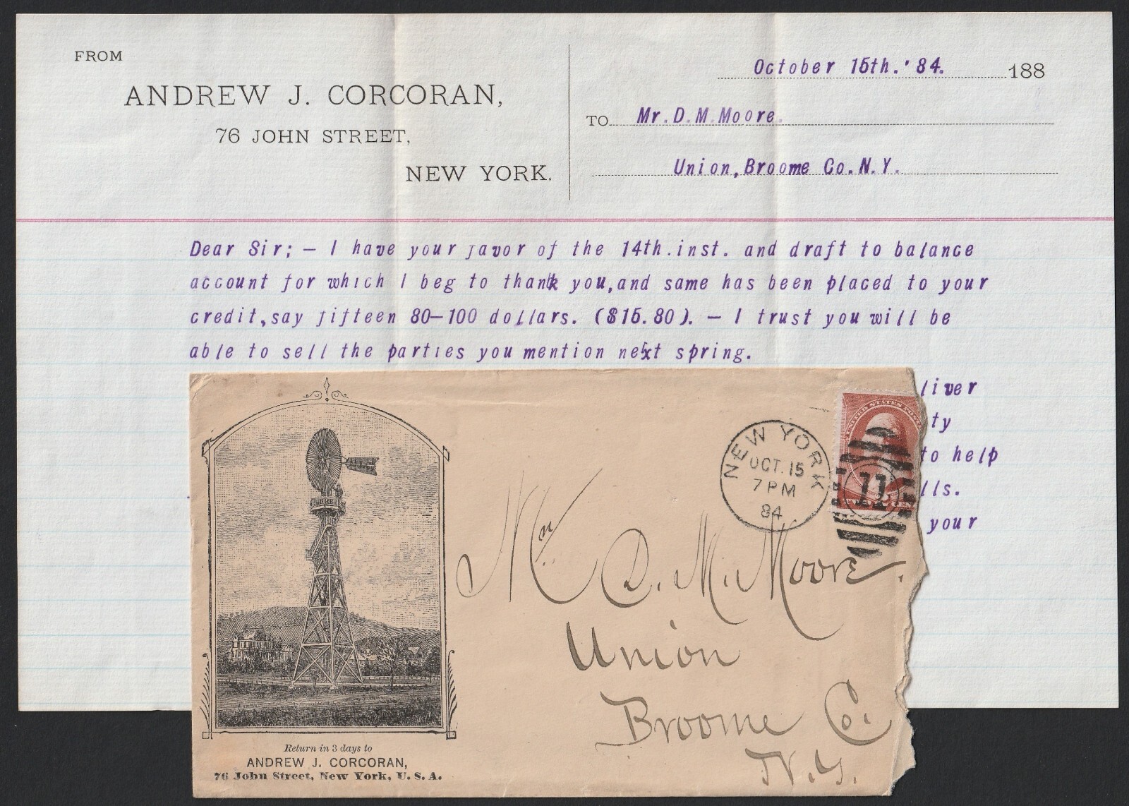 RARE Advertising Cover & Letter – Andrew Corcoran Wind Mills – New York NY 1884