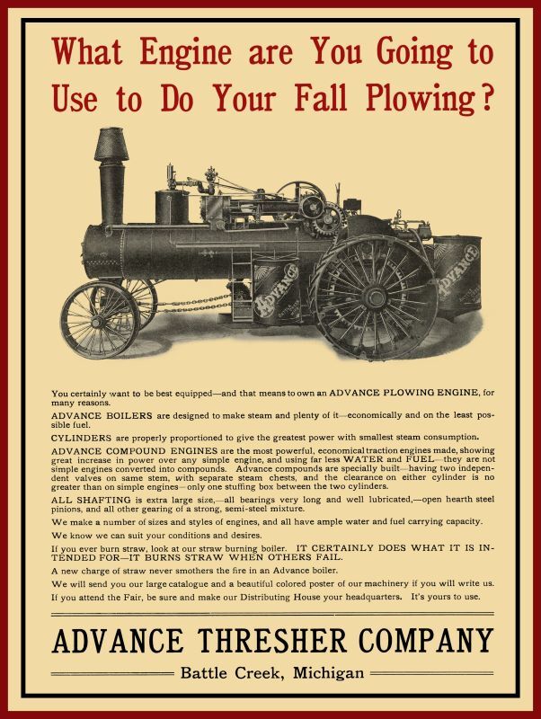 1910 Advance Thresher Co. NEW Metal Sign: Compound Engine – Battle Creek, MI