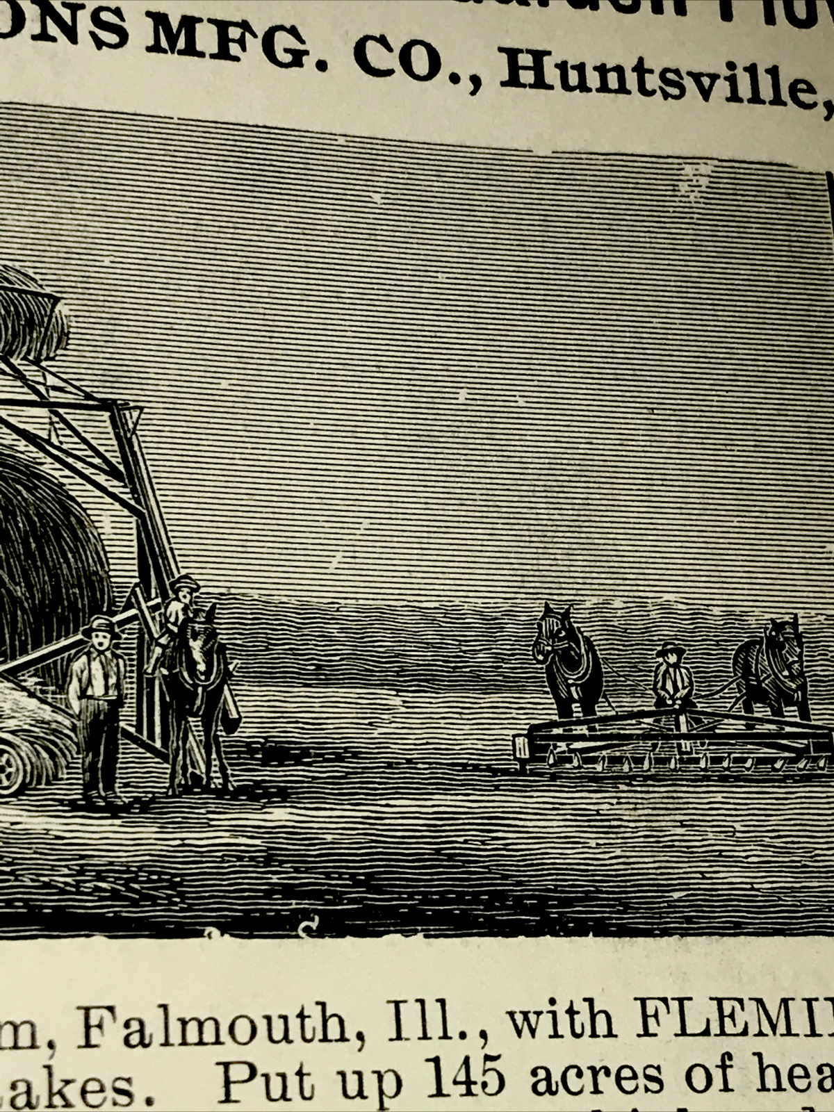 1905 Fleming Hay Stacker Farm Engraving Advertising – Huntsville – Missouri