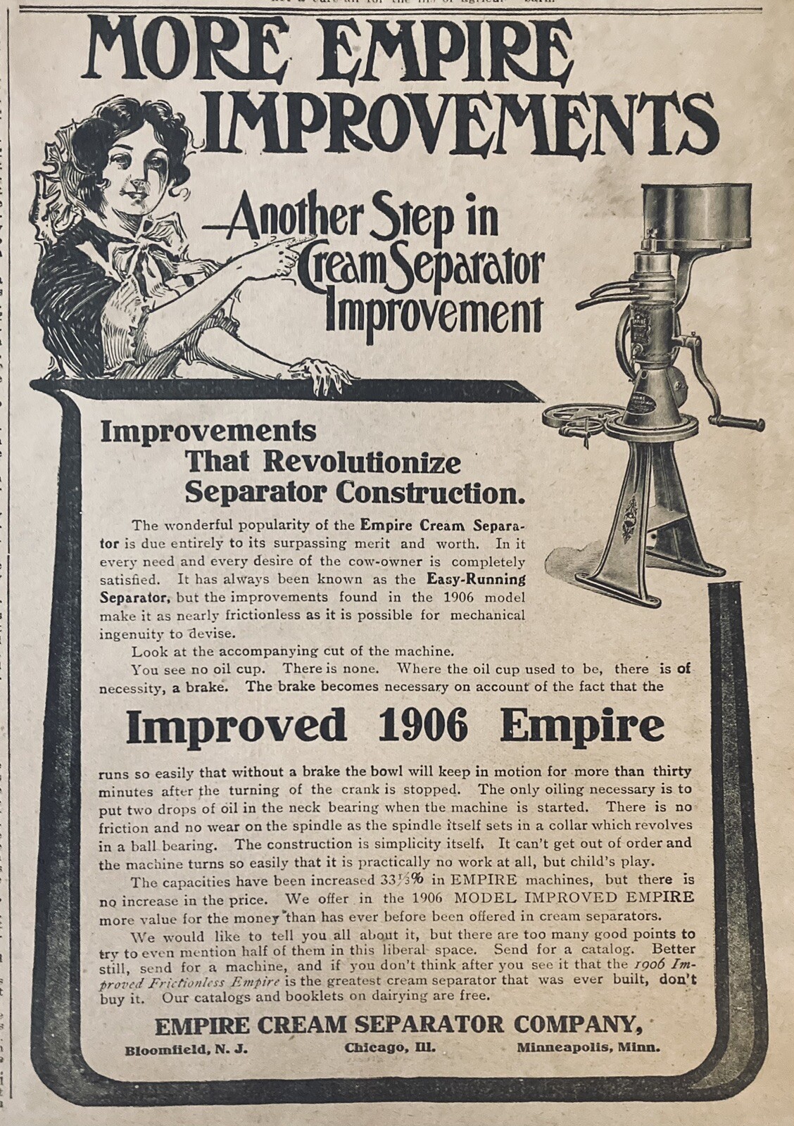 1906 AD.(XH67)~EMPIRE CREAM SEPARATOR CO. BLOOMFIELD, NJ. IMPROVED 1906 EMPIRE