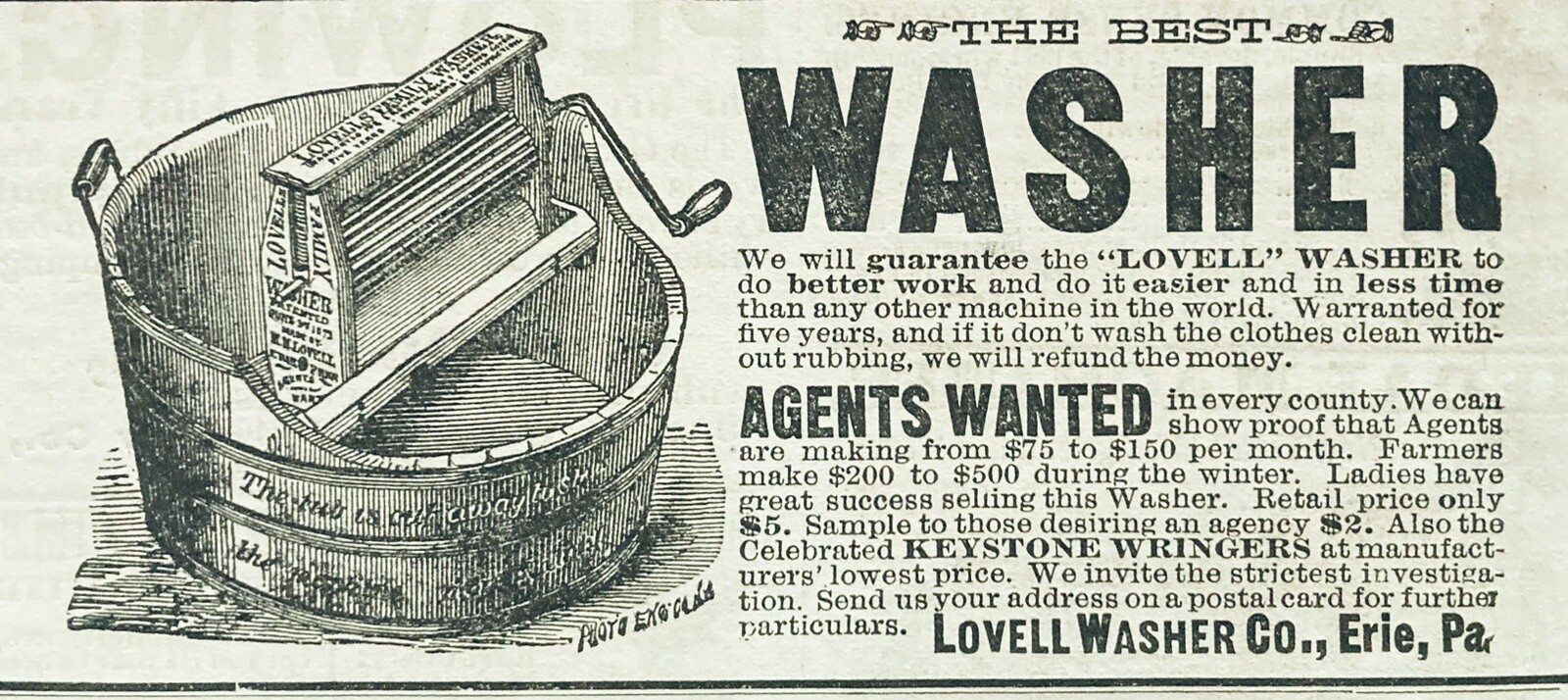 1882 AD.(XH69)~LOVELL WASHER CO. ERIE, PA. “LOVELL” WRINGER WASHER PAIL