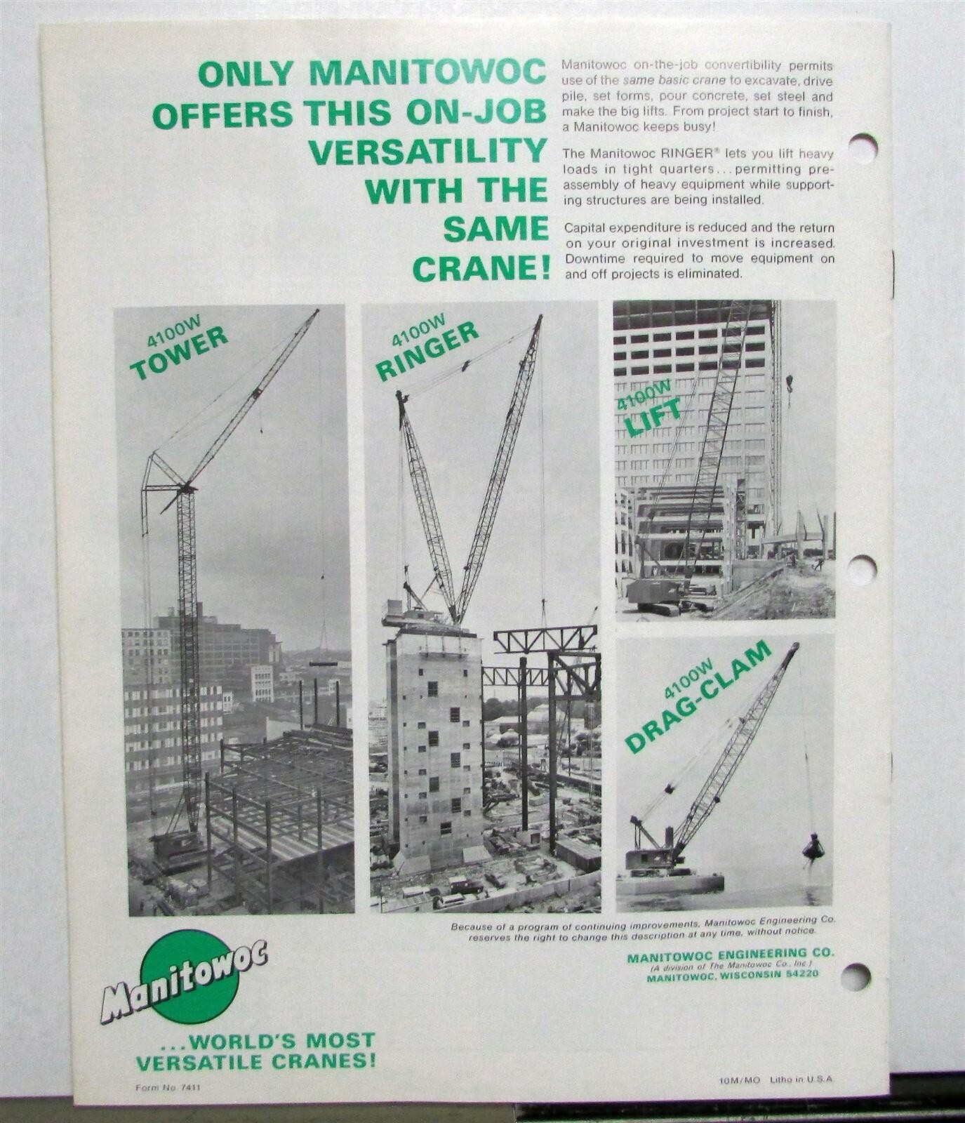 1974 Manitowoc 4100W Lift Tower Ringer Drag Clam Specs Construction Brochure