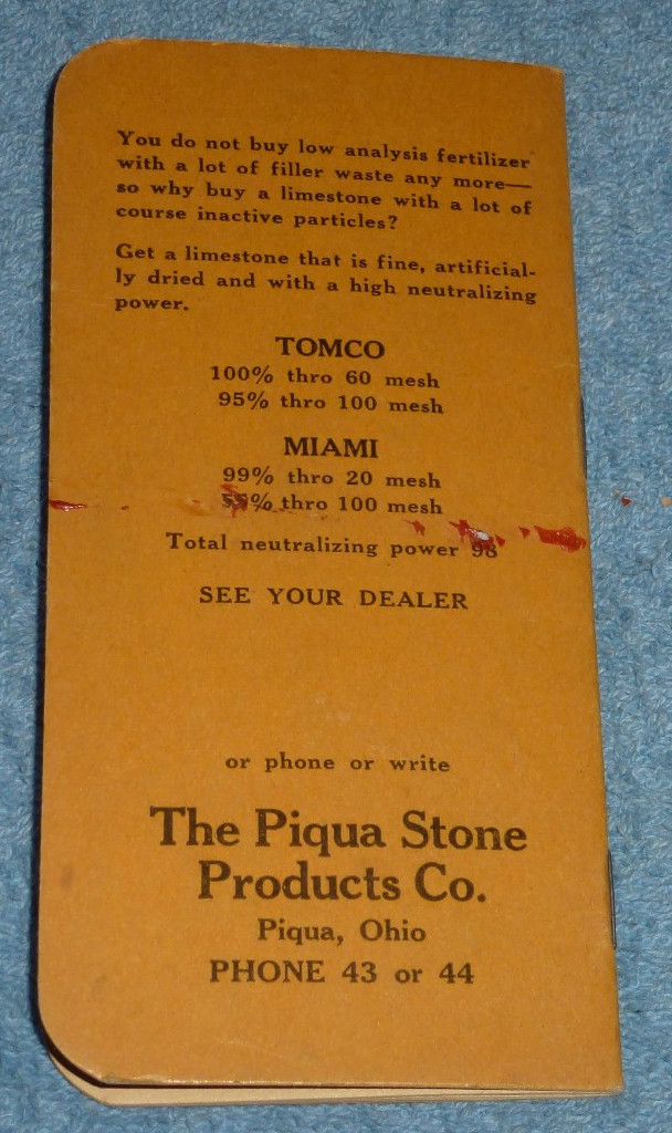 Vtg Piqua Stone Products Co Limestone Ohio Pocket Memo Notebook 1948-49 Calendar