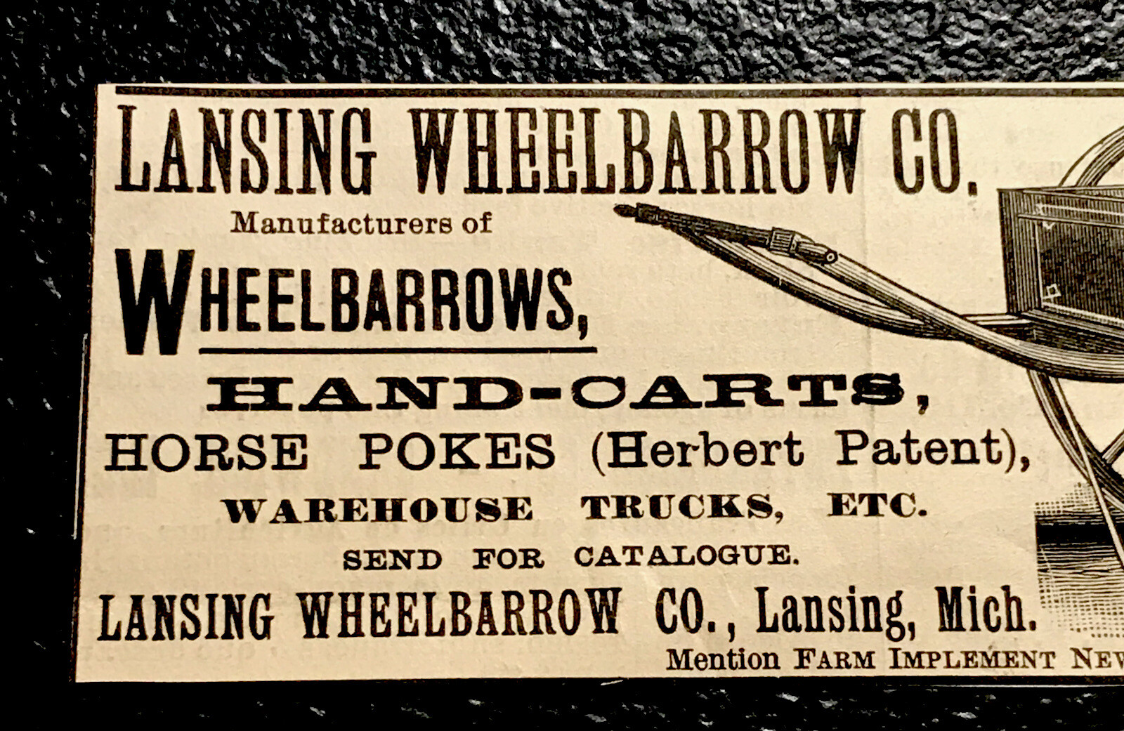 1886 Lansing Wheelbarrow Co Farm Engraving Advertising – Lansing – Michigan