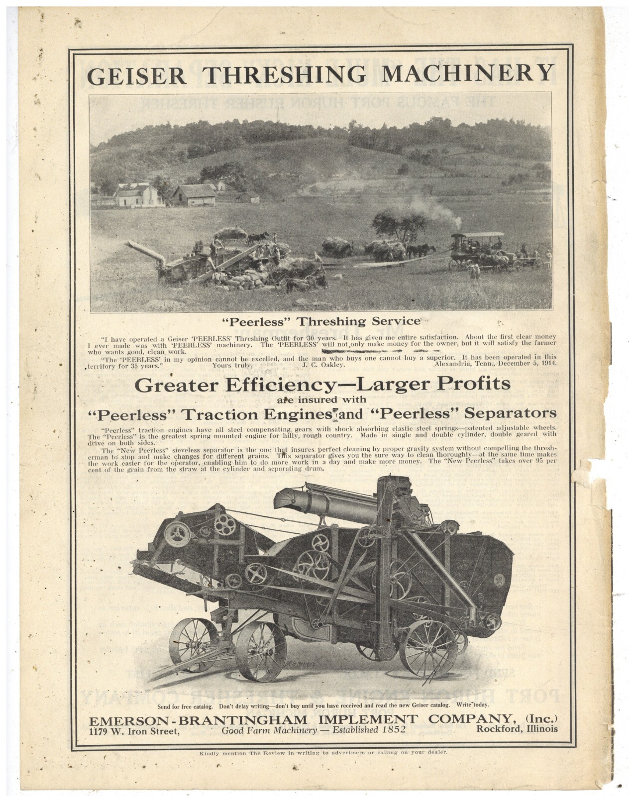 1915 Threshing Machine Ad: Port Huron Rusher & Emerson Brantingham Geiser Engine