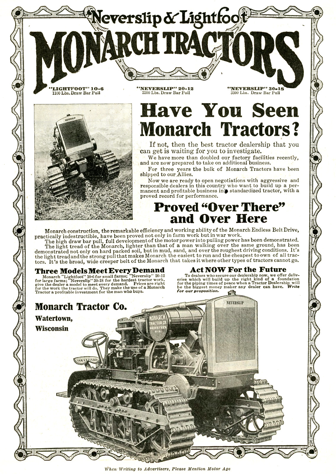 1918 Original Monarch Tractors Ad. Neverslip & Lightfoot. Watertown, Wisconsin