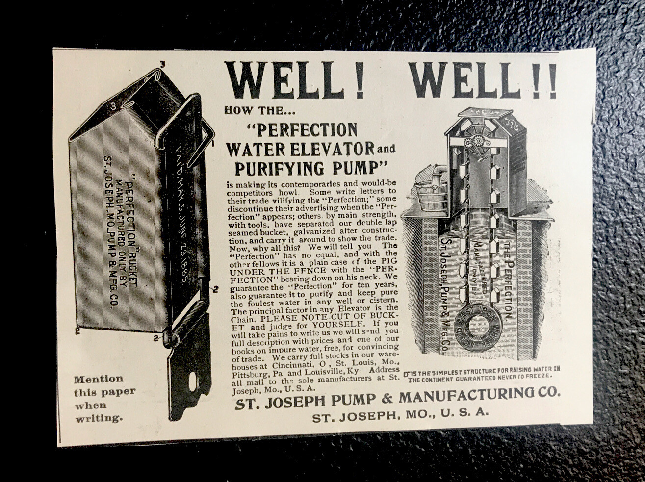 ORIGINAL 1897 St. Joseph Water Pump Farm Advertising – Missouri