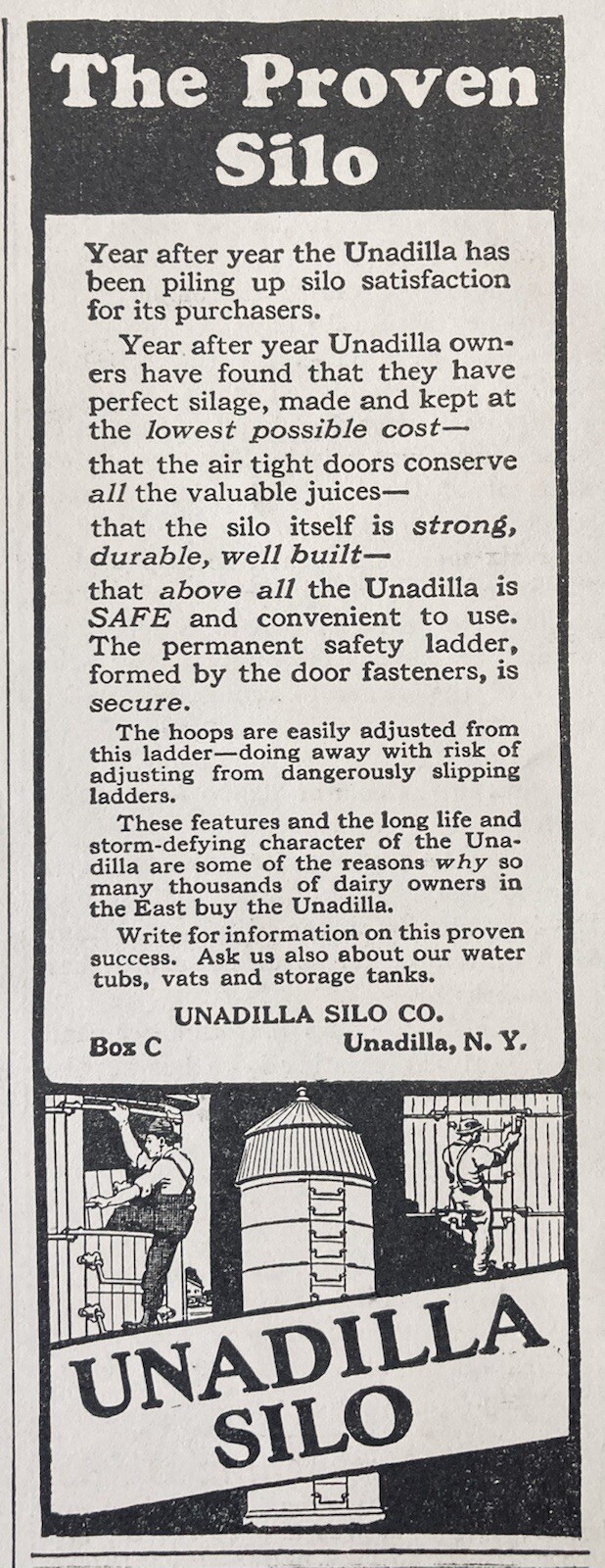 1926 AD.(XG21)~UNADILLA SILO CO. UNADILLA, NY. FARM STORAGE SILOS