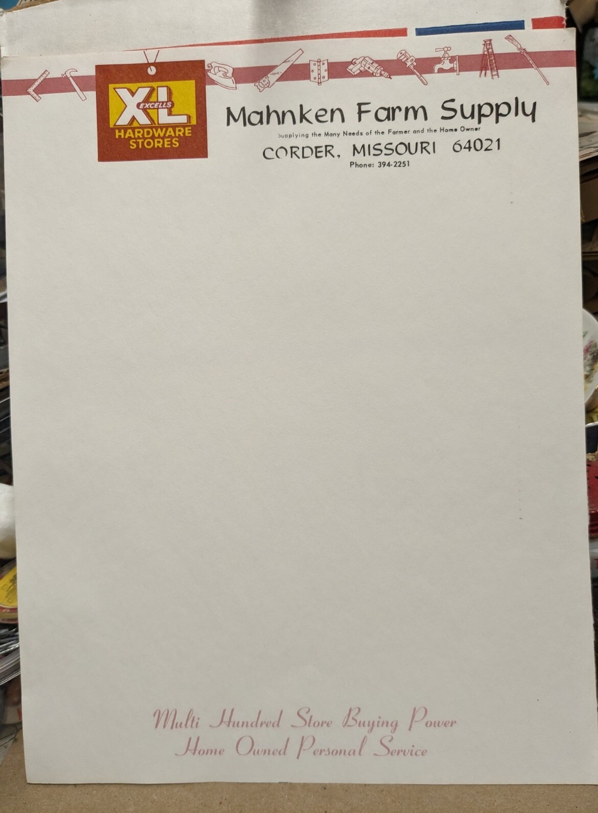 Vintage Mahnken Farm Supply XL Excells Hardware Stores Corder MO Letterhead
