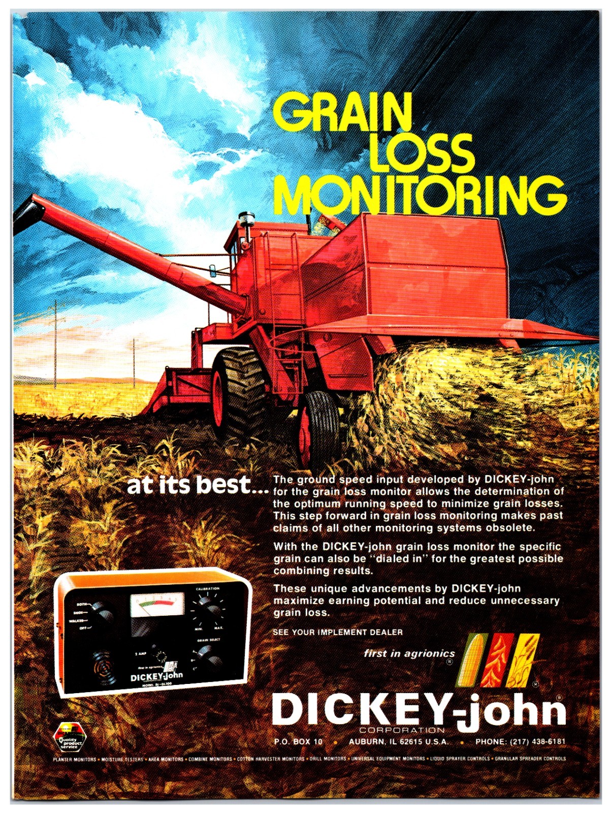 1977 Dickey John Combine Monitor Original Print Ad (8in x 11in) Advertisement