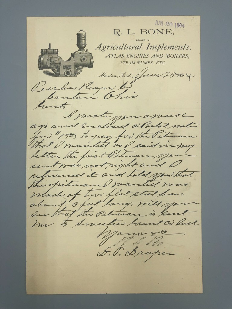 1894 RL BONE Agricultural ATLAS ENGINES Farm Letterhead Antique Advertising