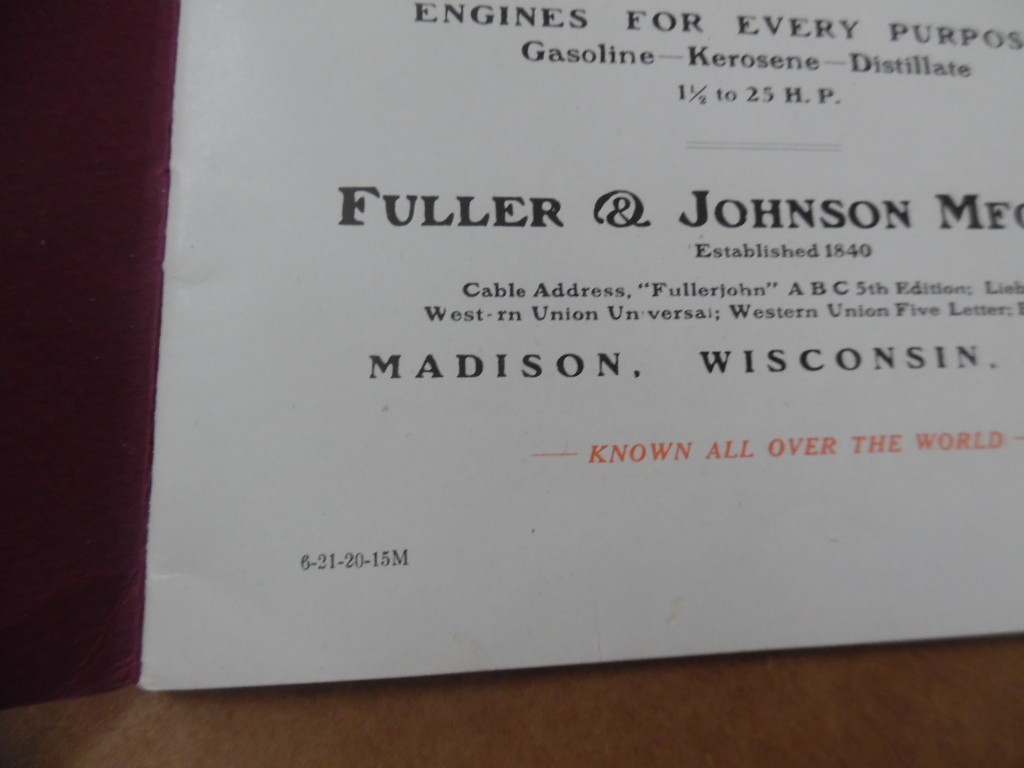 1920 Fuller & Johnson Model N Gasoline Engine Catalog Madison Wisconsin Antique