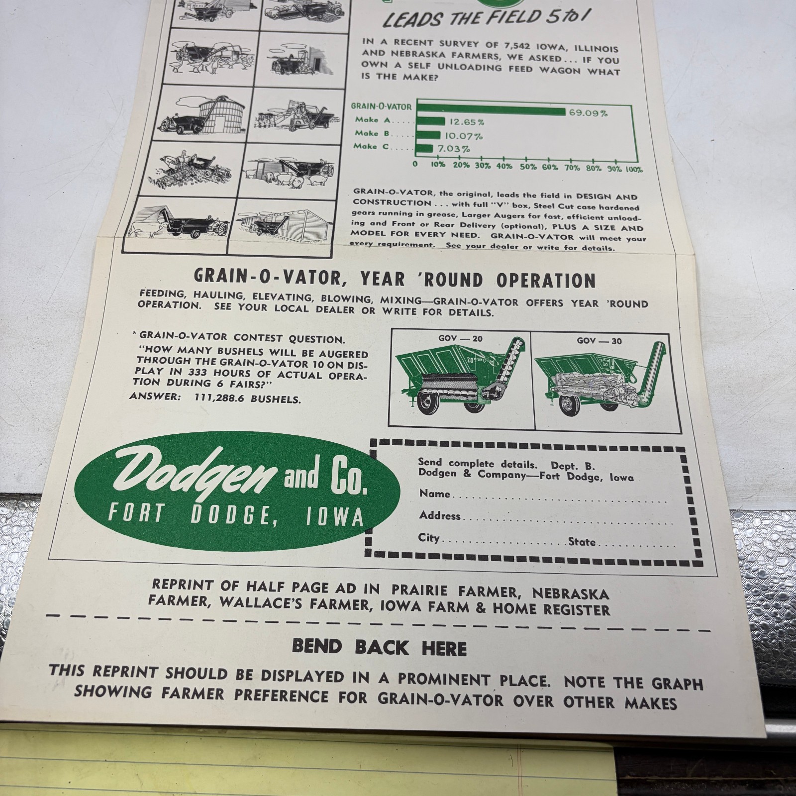 Vintage 1956 Grain-O-Vator Farm Equipment Advertising Poster Brochure Iowa 10×30