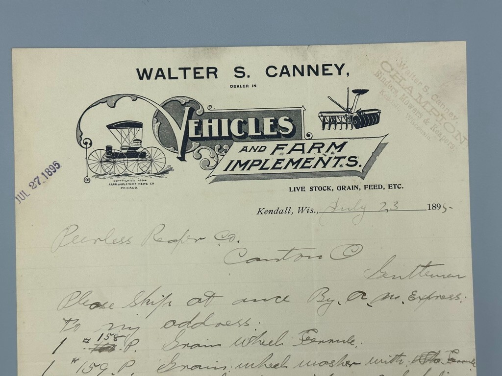 1895 FARM BUGGY Mower TOOLS Antique Advertising KENDALL WISCONSIN Letterhead
