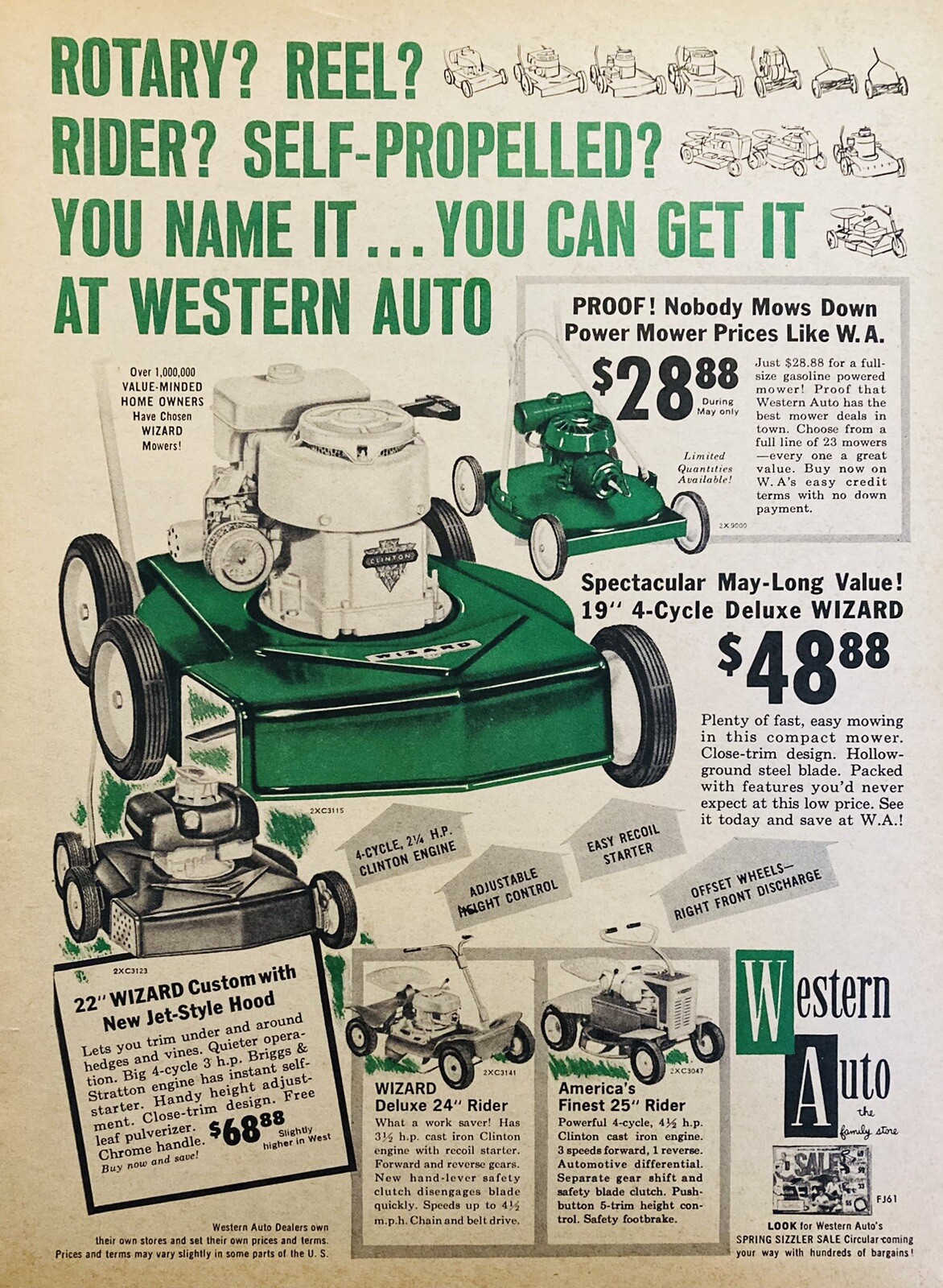 1961 AD.(XH75)~WESTERN AUTO “WIZARD” ROTARY, REEL, RIDING LAWN MOWERS