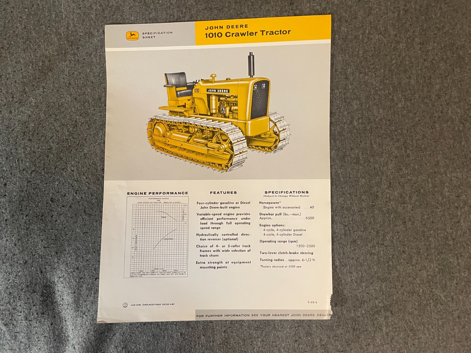 Vintage 1950&rsquo;s John Deere 1010 Crawler Tractor Brochure Spec Sheet