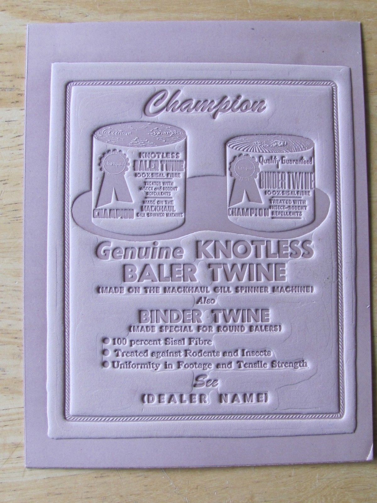 1950&rsquo;S DEALER ADVERTISING PLATE CHAMPION BALER TWINE STONE CORDAGE CHARITON IA