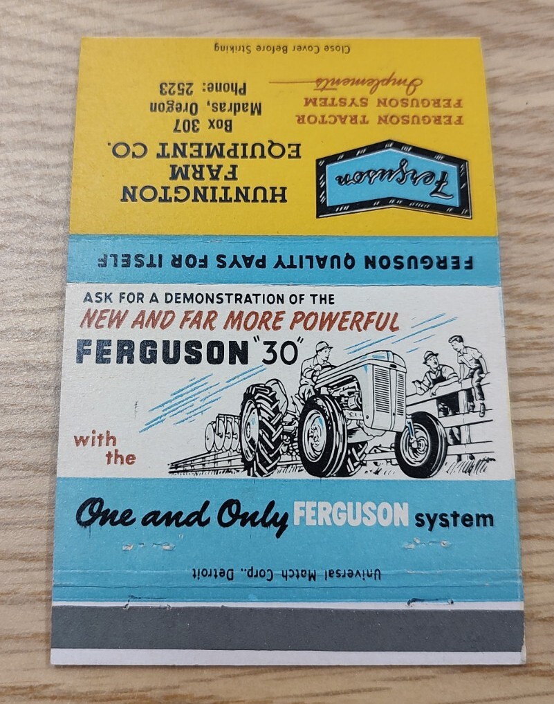 Madras Oregon Huntington Farm Equipment Co. Ferguson Tractor Matchbook Cover