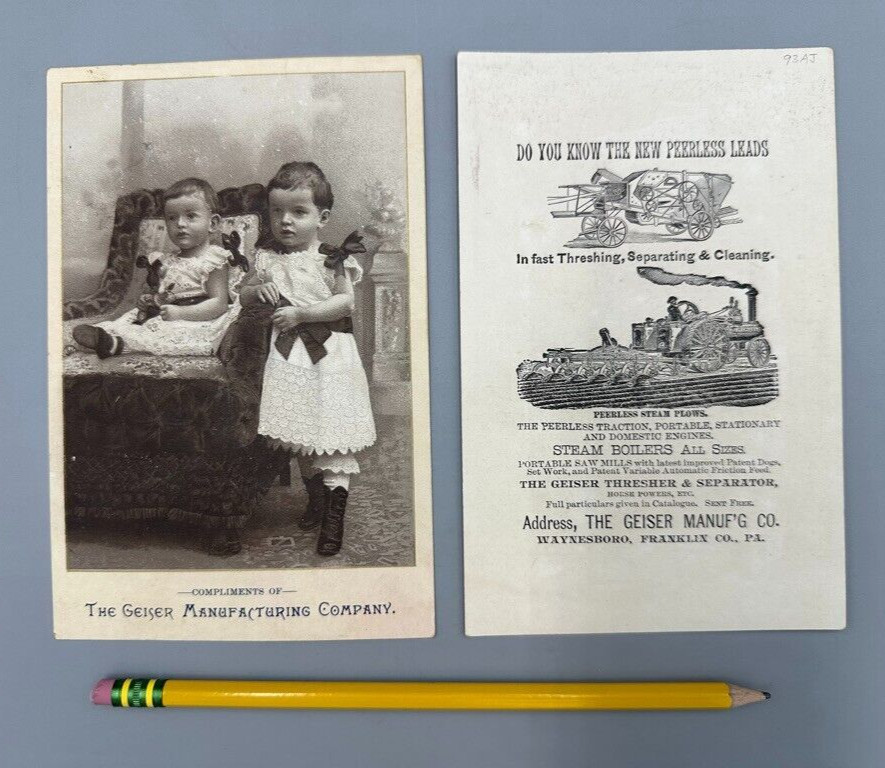 1880s PEERLESS STEAM ENGINE Geiser THRESHER Farm Advertise Trade Card WAYNESBORO