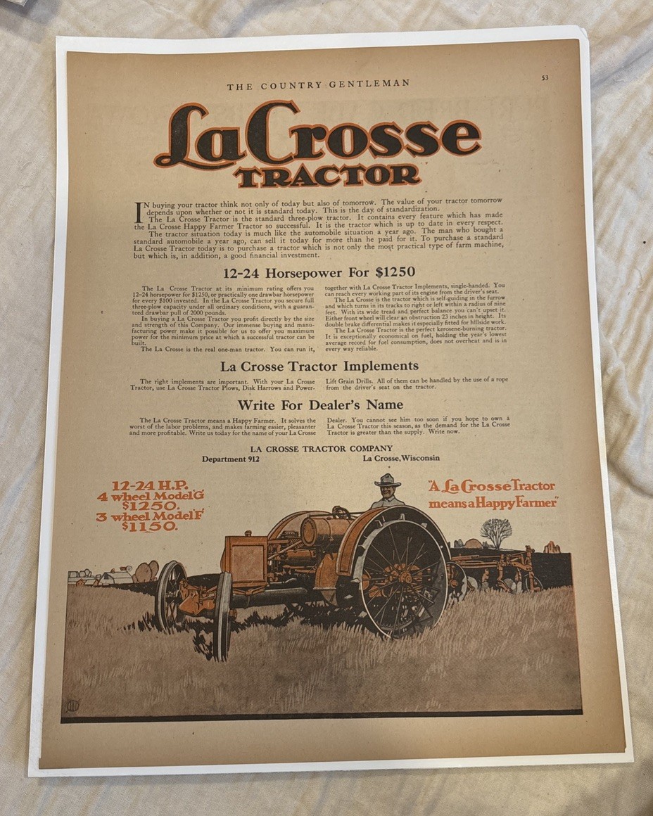 1919 La Crosse original Tractor Ad – La Crosse WI Scarce
