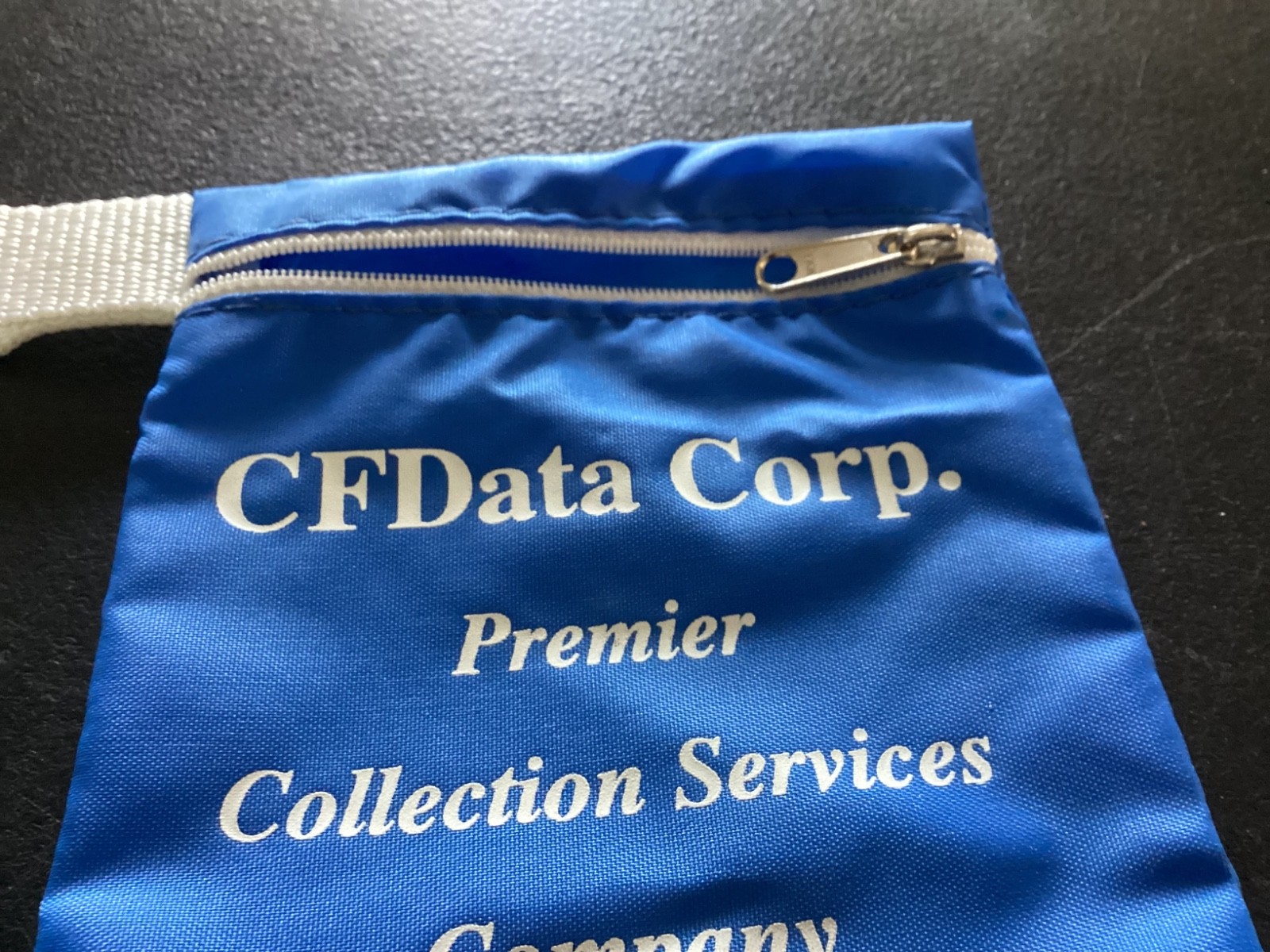 CF Data Corp. Blue Nylon Zipper Clip on Carry Pouch Advertisement Item