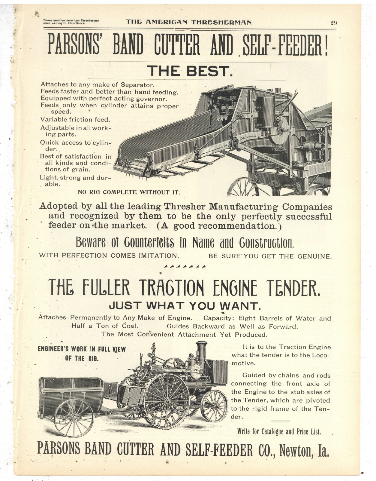 1898 Parsons Band Cutter and Self Feeder Co. Ad: Fuller Traction Engine Tender