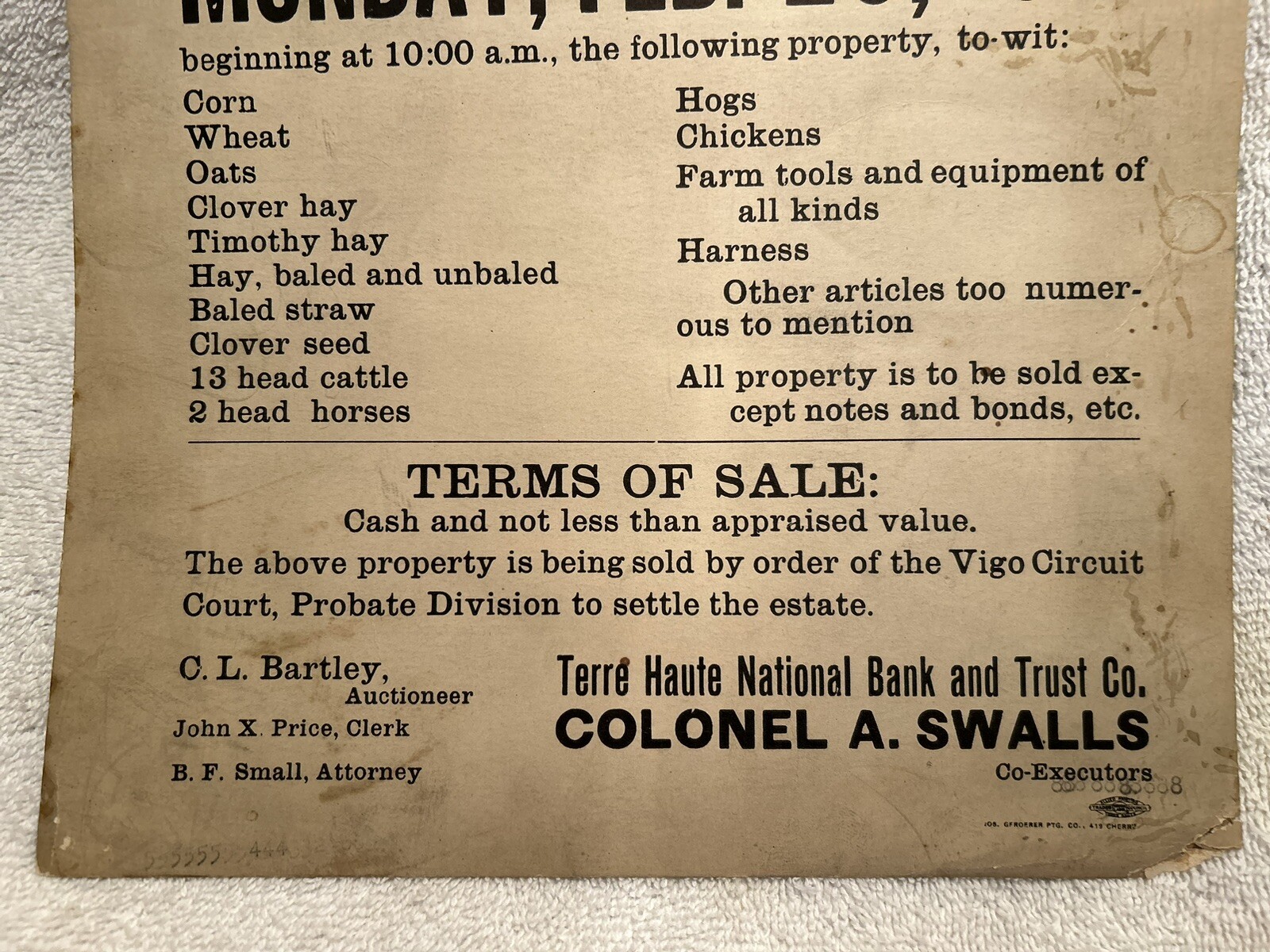 1931 Public Sale Sign Vigo Co. Colonel B. Swalls Lost Creek Bartley Auctioneer