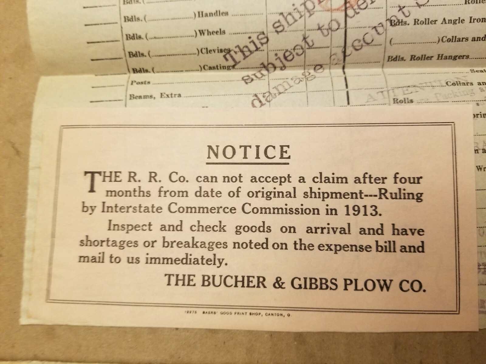VTG AGRICULTURE ENVELOPE & RECEIPT. 1916. THE BUCHER AND GIBBS PLOW CO.