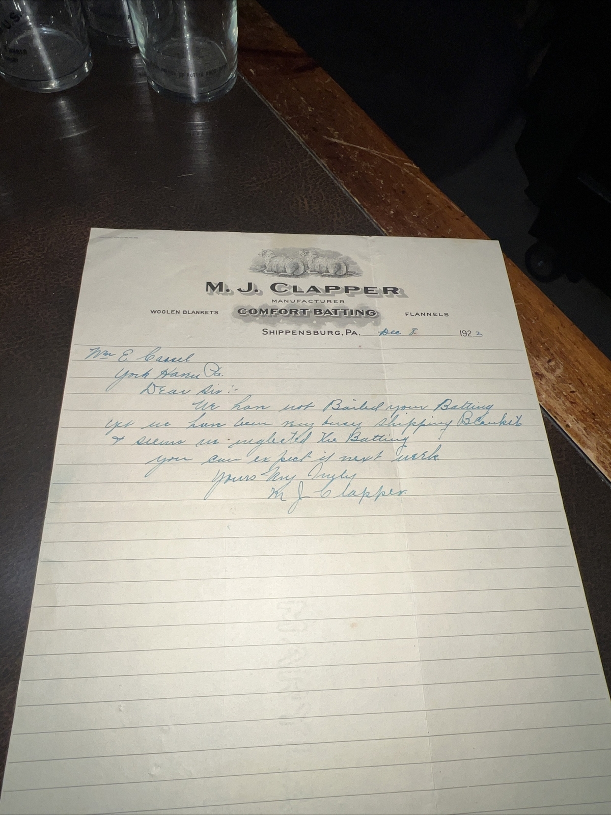 Vtg 1922 MJ Clapper Comfort Batting Letterhead Wool Sheep Blankets Shippensburg