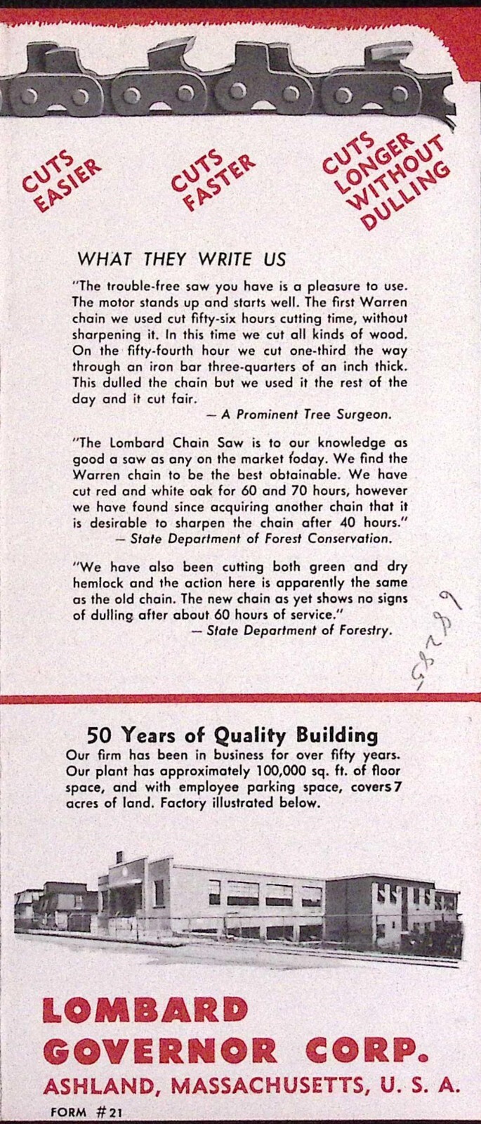 1952 Lombard Model 7 Master 2 Man Saw Warren High Speed Chain Brochure