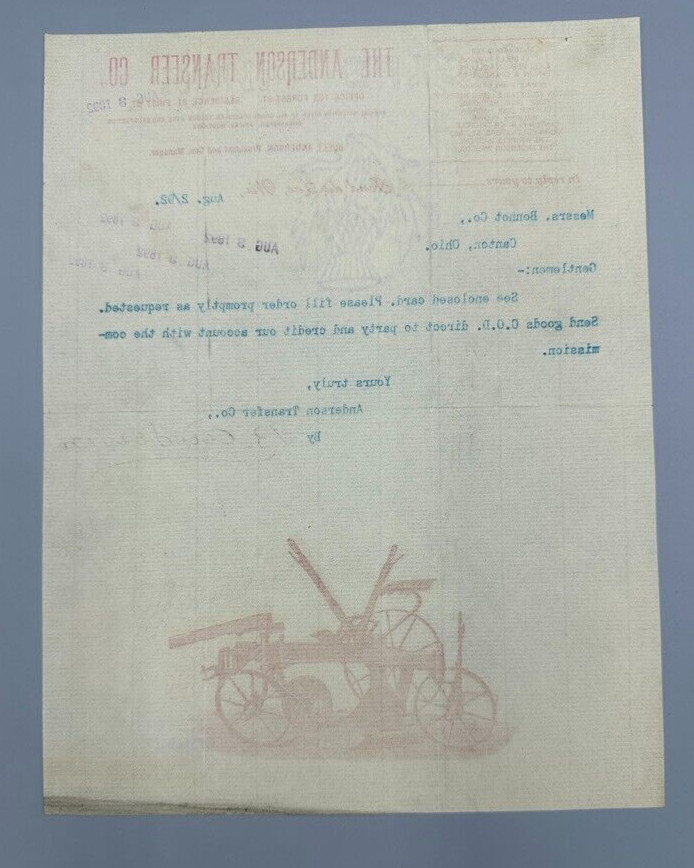 1892 -1896 ANDERSON Transfer Antique FARM Advertise Letter FOND Du LAC Wisconsin