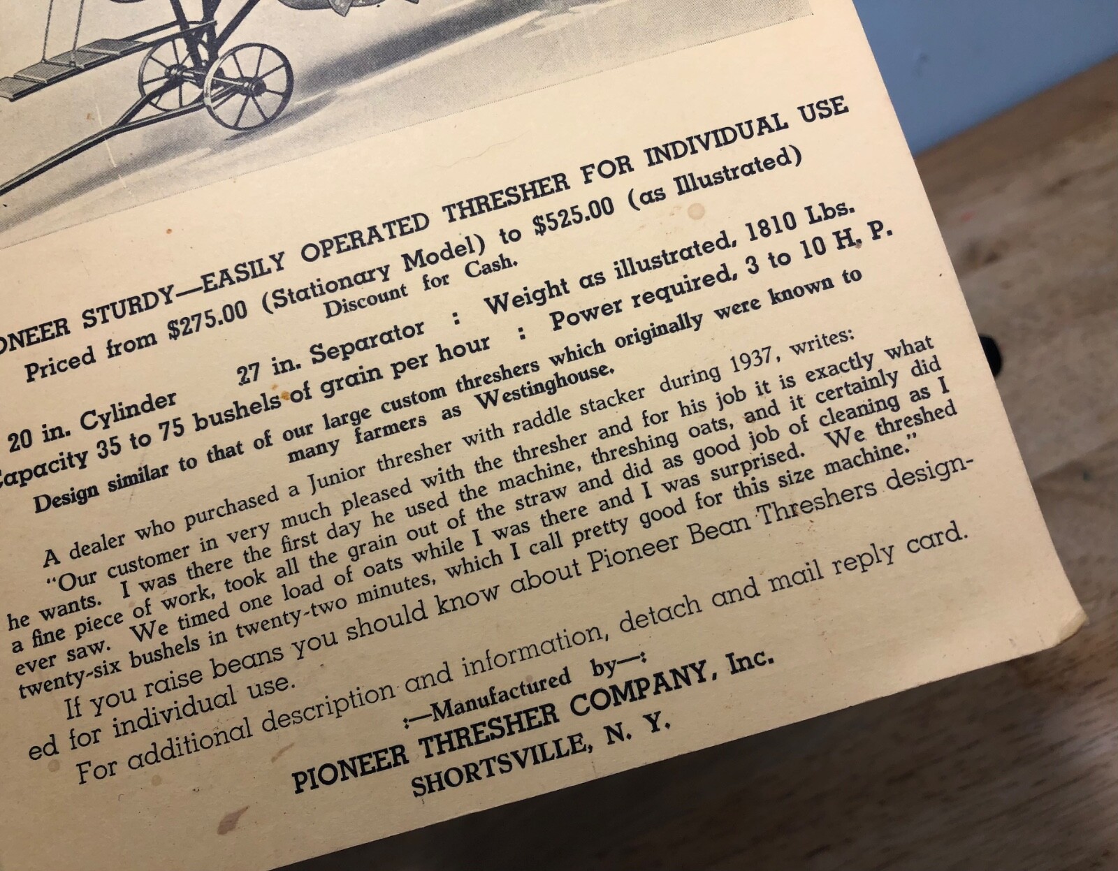 1938-45 Unused PIONEER THRESHER CO INC. Shortsville N.Y. ADVERTISING POST CARD