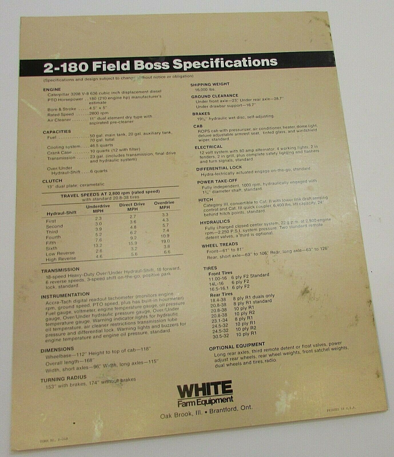 New Vintage 1977-1982 ? White Field Boss 2-180 Tractor Single Fold Brochure