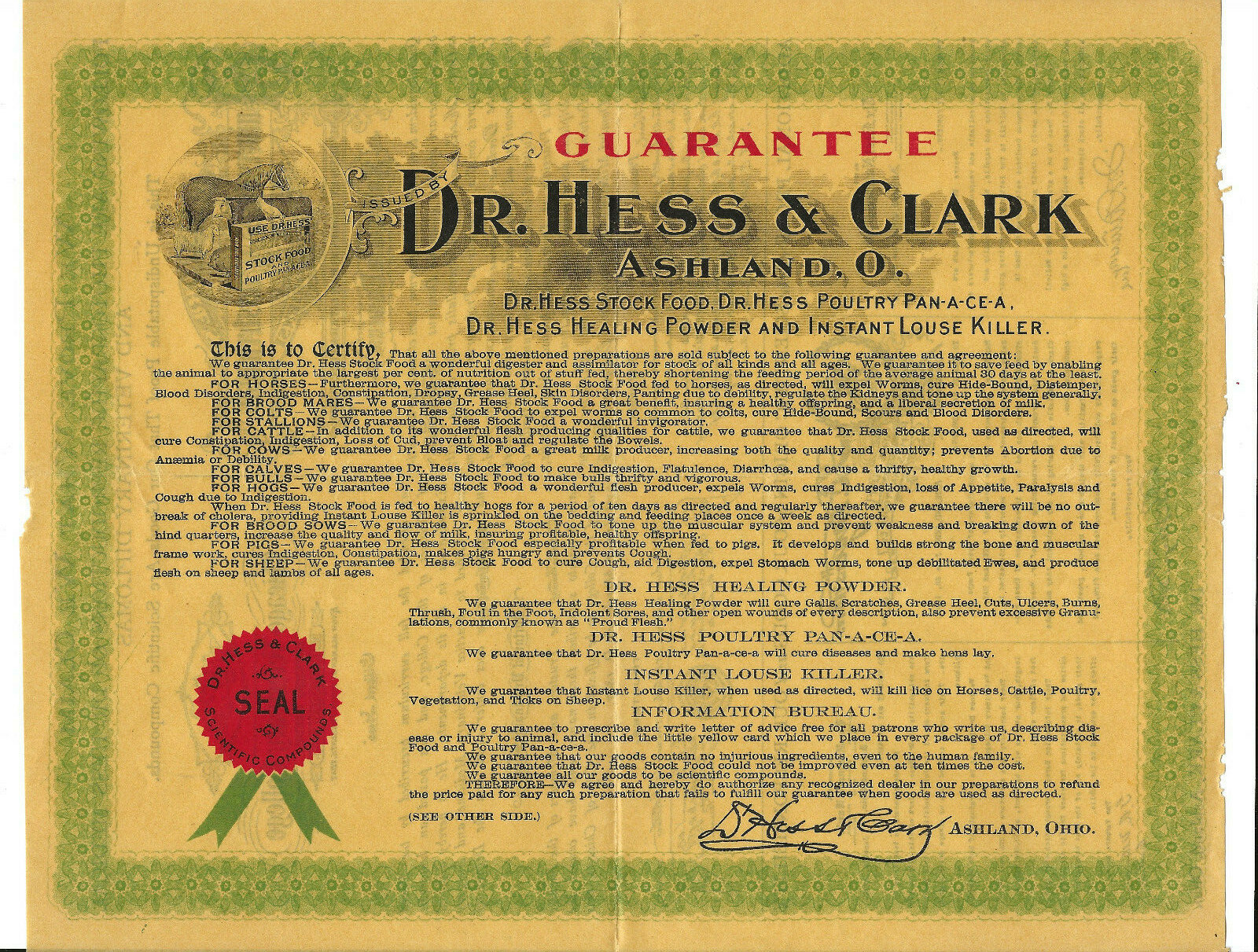 Dr Hess & Clark-Antique Advertising Certificate-Ashland Ohio-Poultry Pan-A-Ce-A