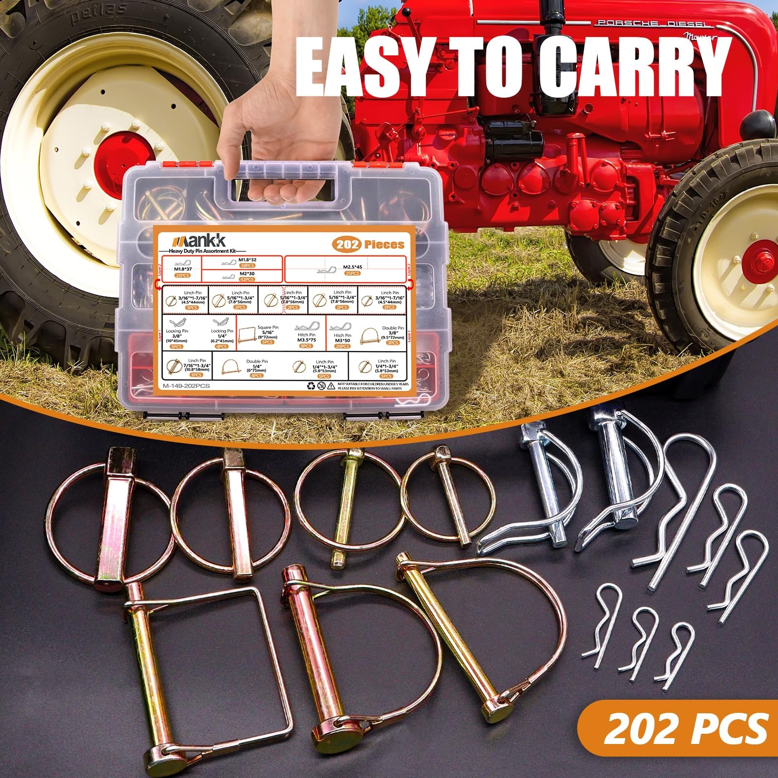 Mankk 202PCS Heavy Duty Hitch Pin Clip Assortment Kit Tractor, Linch, PTO, R…