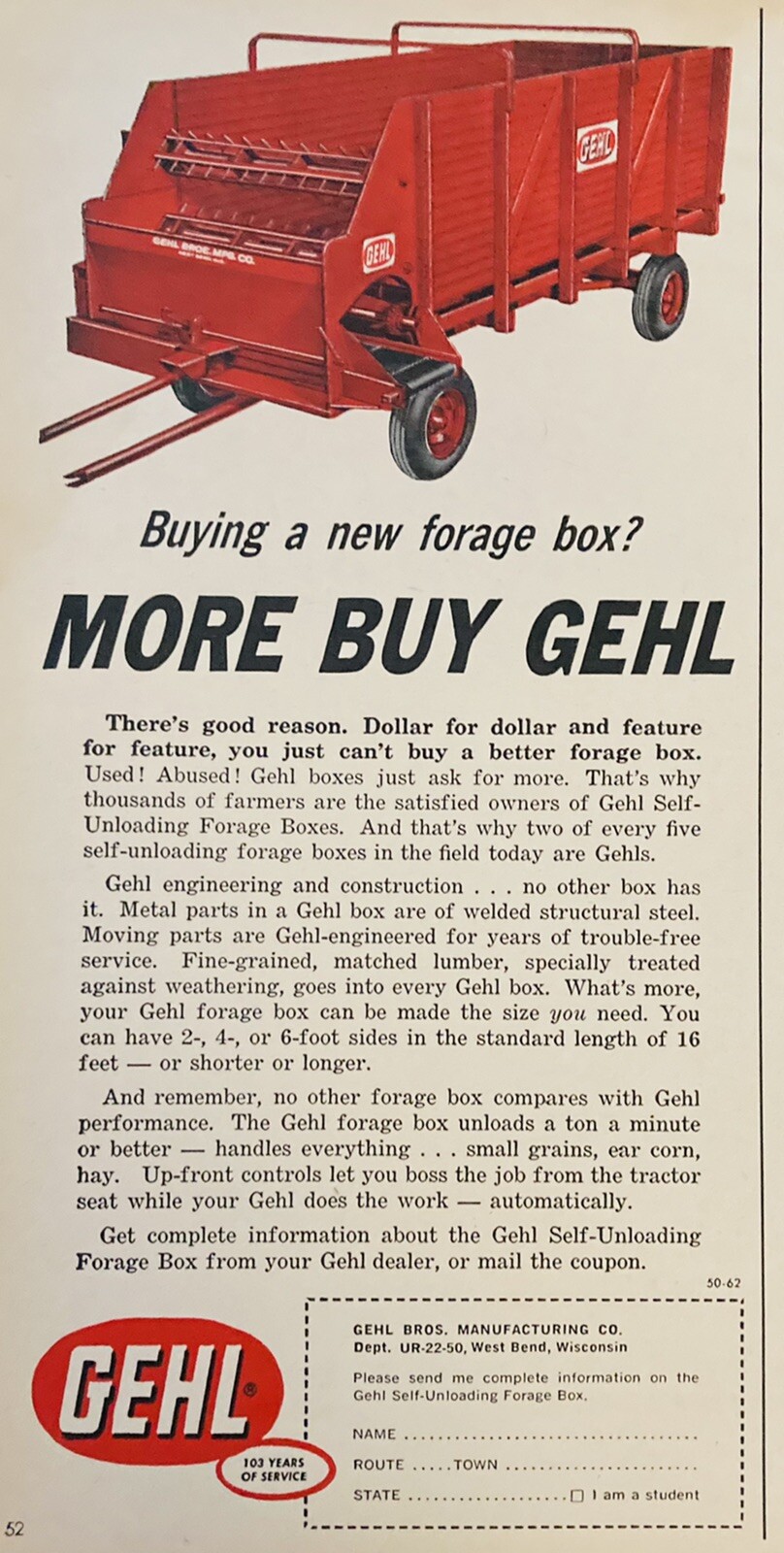 1962 AD(XH56)~GEHL BROS. MFG. CO. WEST BEND, WIS. GEHL FORAGE BOX